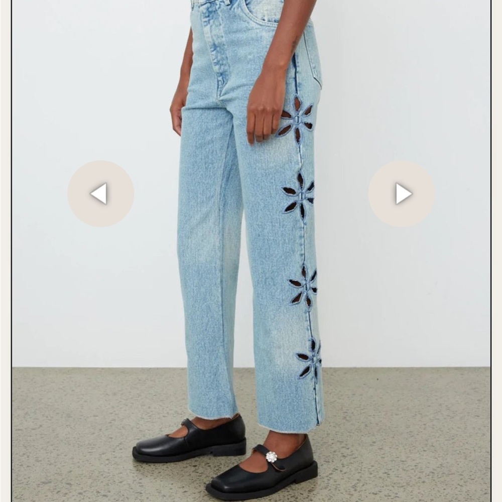 Tach Denim Pant Cut out embroidered flowers at the side acid wash look size S